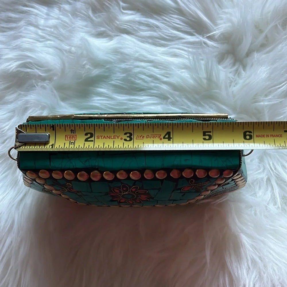 🆕 RAMLA Handmade Moroccan Turquoise Tile Mosaic Clutch Crossbody Bag Gold Chain